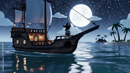 3D Stylized Pirate Ship Sailing Past Tropical Island Under Full Moon