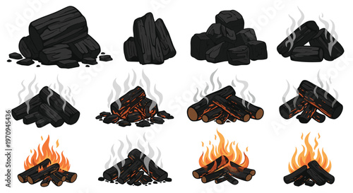 Comprehensive set of illustrations showing wood logs in various stages from simple stacks to smoking embers and bright burning campfires.