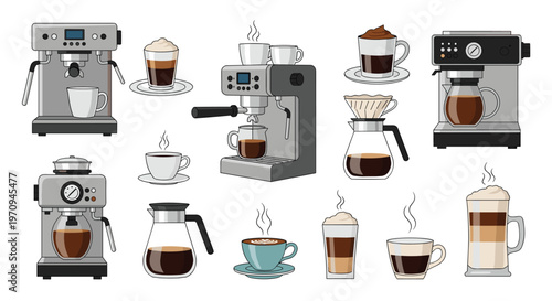 Extensive collection of professional coffee machines, espresso makers, and various coffee drinks like lattes and cappuccinos in glass cups.