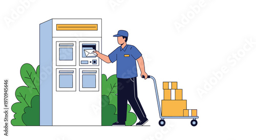 Postman in a blue uniform delivering mail into a large automated locker or mailbox while holding a cart full of cardboard packages.