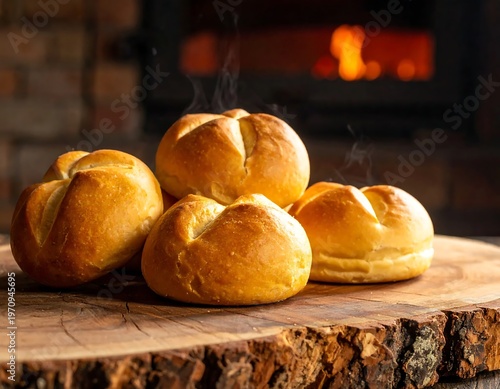 Freshly Baked Bread Rolls on Rustic Wooden Board.
