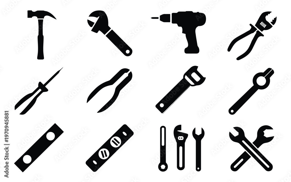 Fototapeta premium Collection of black silhouette icons of various hand tools on white background for diy projects and construction