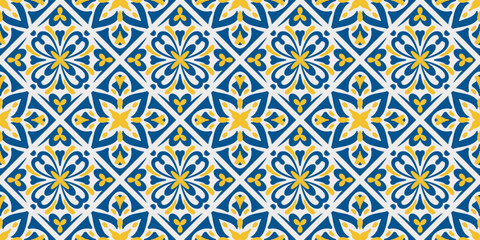 Fotobehang Portugese tegeltjes patronen Blue and yellow ceramic tiles in traditional Mediterranean style. Seamless floral pattern with Portuguese mosaic ornament for elegant interior design. Vector illustration  © Chorna_L