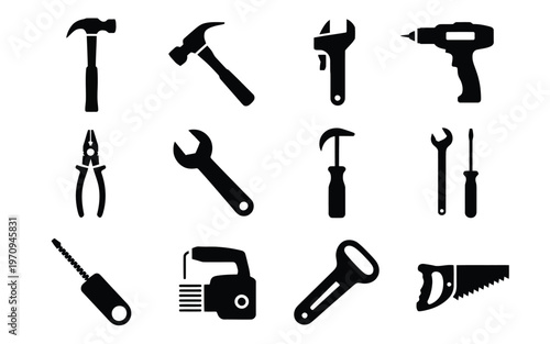 Black silhouette icons of various hand tools and power tools for diy projects and construction work on white background