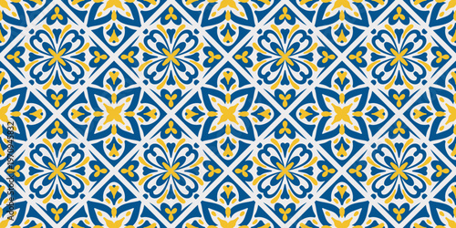 Blue and yellow ceramic tiles in traditional Mediterranean style. Seamless floral pattern with Portuguese mosaic ornament for elegant interior design. Vector illustration