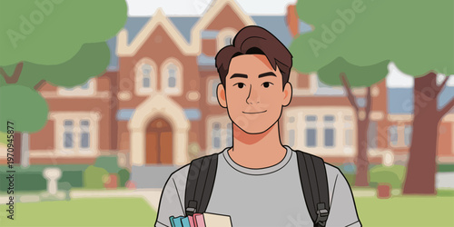Student stands outside a brick school building holding books while smiling in the daytime