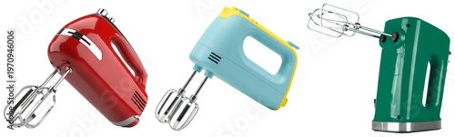 Tableau sur toile Three vibrant electric hand mixers in red, blue, and green, showcasing modern kitchen appliance designs