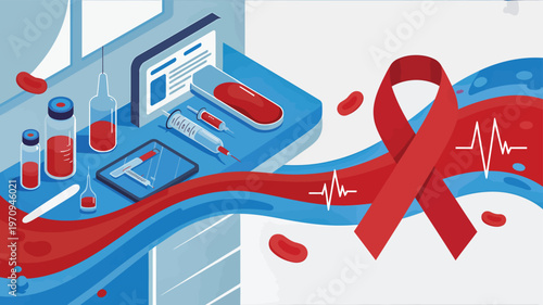 World Hemophilia Day Isometric Concept with Red Ribbon and Medical Equipment