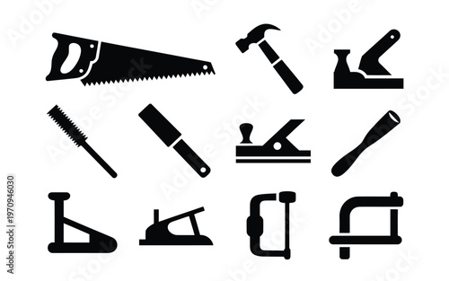 Black silhouettes of various carpentry tools on white background for diy and construction concepts