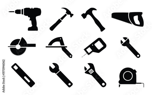 Collection of black silhouette icons of various hand tools and equipment for construction and diy projects on white background