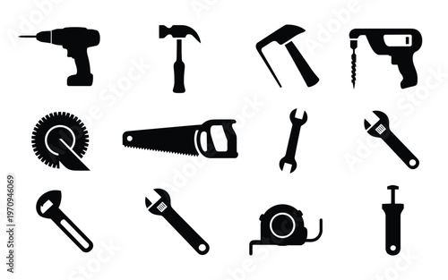Collection of black silhouette icons of various hand tools and power tools on white background for diy construction and repair concepts