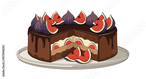 Delicious moist chocolate layer cake topped with dark chocolate ganache and several halves of fresh purple figs on a white plate.