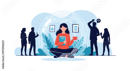 Woman sitting cross legged in a protective transparent bubble while reading a book and enjoying tea to represent social distancing or solitude.