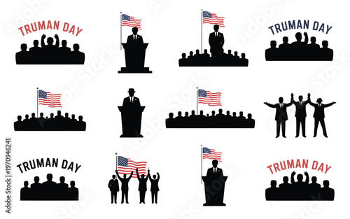 Truman day celebration silhouettes with american flags and public speakers