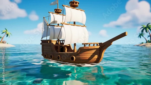 3D Stylized Pirate Ship Sailing on Calm Tropical Ocean
