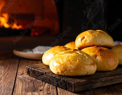 Freshly Baked Bread Rolls on Wooden Board with Oven.