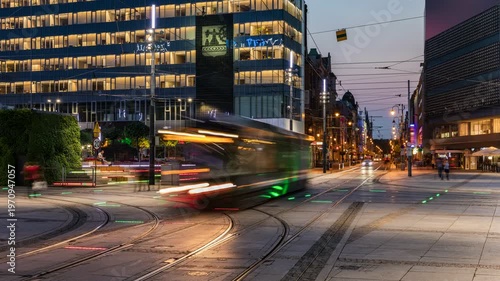 Katowice City Center by Dusk: Pulsating Tram Traffic (time lapse)