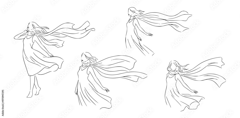 Fototapeta premium Set of simple line drawings illustrating figures with flowing capes and dresses in various dynamic poses against a white background