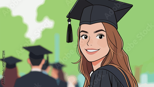 Graduation ceremony with young woman smiling in cap and gown outdoors under bright sky surrounded by fellow graduates
