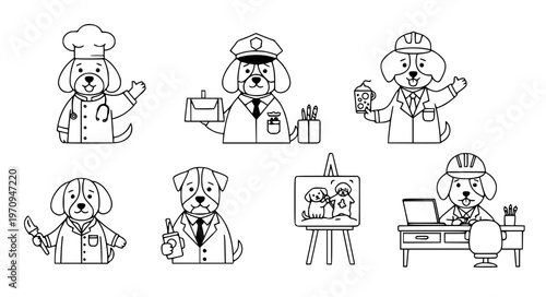 Dogs in Professions Vector Set with Chef Doctor Police and Office Worker Characters