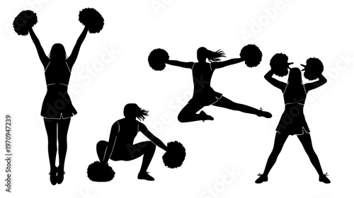 Silhouette cheerleaders performing dynamic routines with pom-poms, capturing the energy of athletic performance
