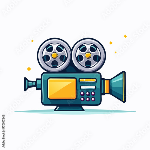 Vintage Movie Camera Icon with Film Reels.