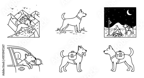 Dog Travel Adventure Vector with Hiking Camping Car and Backpack Scenes