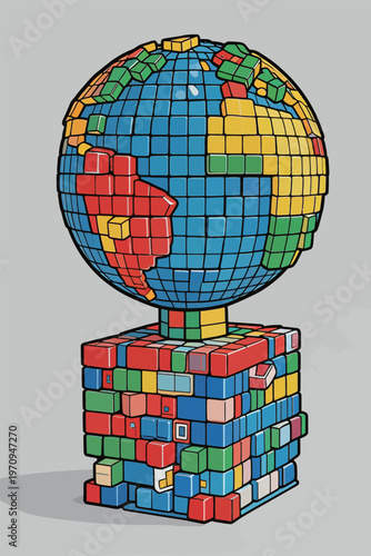 Unique globe made of colorful cube pieces representing different countries in a creative art display