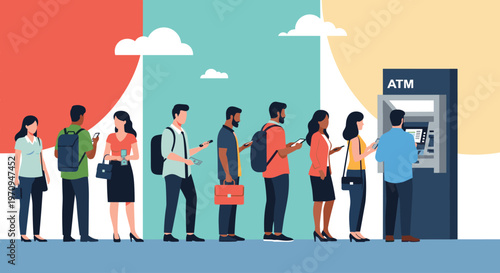 Diverse group of people standing in a long queue to use an automated teller machine against a colorful abstract background.