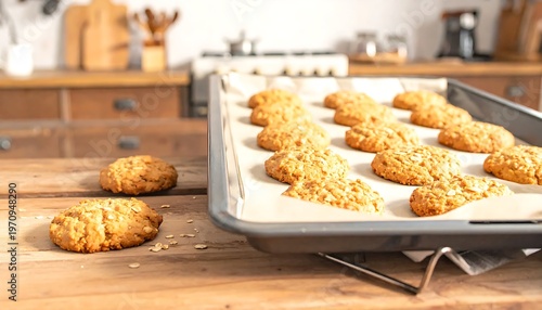Freshly Baked Oatmeal Cookies on a Baking Sheet.