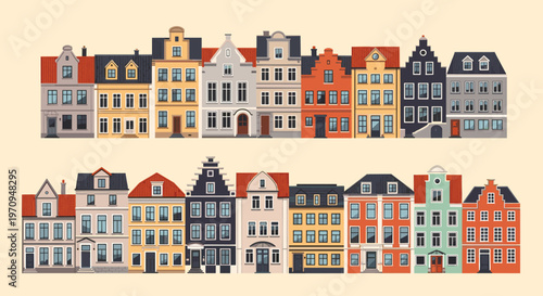 Charming collection of various European architectural styles featuring tall, narrow houses with colorful facades and gabled roofs.