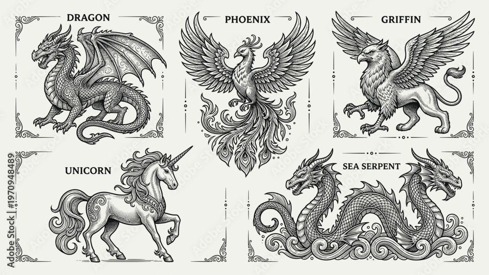 Fototapeta premium Collection of mythical creatures including dragon, phoenix, griffin, unicorn, and sea serpent