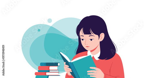 Focused young woman sitting and reading an open book with several more books stacked beside her against a clean background.
