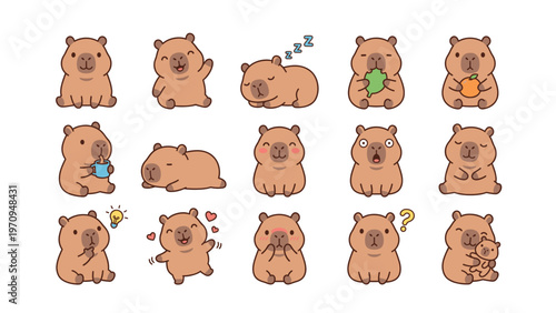 Collection of cute cartoon capybaras showing various emotions and activities