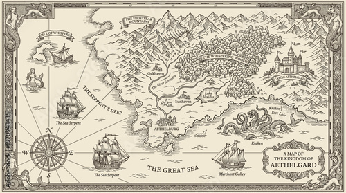 Vintage fantasy map of Aethelgard kingdom with mythical creatures and sailing ships