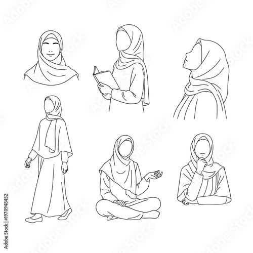 Woman wearing a hijab in various poses.