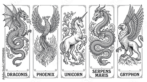 Collection of mythical creatures including dragons, phoenix, unicorn, and gryphon