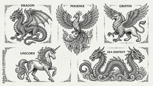 Collection of mythical creatures including dragon, phoenix, griffin, unicorn, and sea serpent