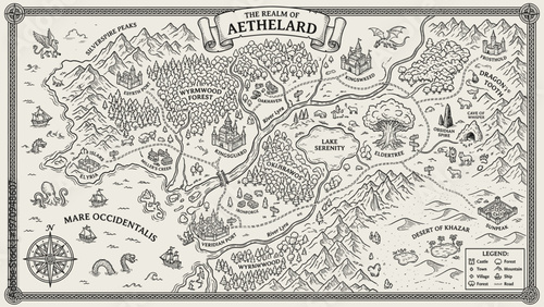 Fantasy map of Aethelard with castles, forests, mountains, and seas