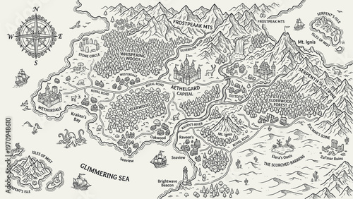 Fantasy hand-drawn map of a fictional kingdom with castles, forests, and mountains