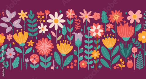 Vibrant floral pattern featuring a diverse variety of colorful flowers and leaves arranged densely on a deep purple background.