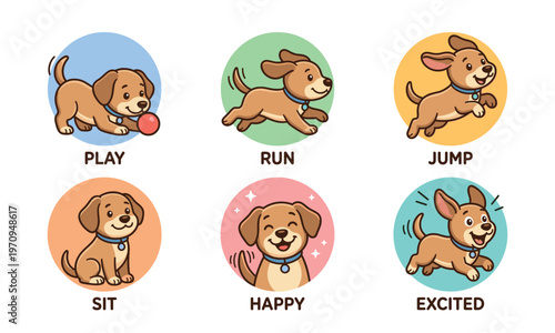 Cute cartoon dog showing different actions and emotions in colorful circles