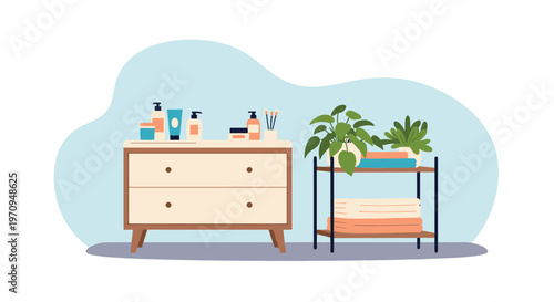 Modern home interior scene featuring a white dresser with skincare products next to a metal shelf holding potted plants.