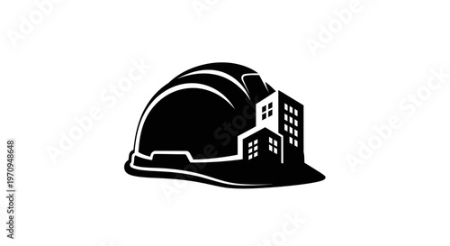 Construction hard hat with building silhouette.