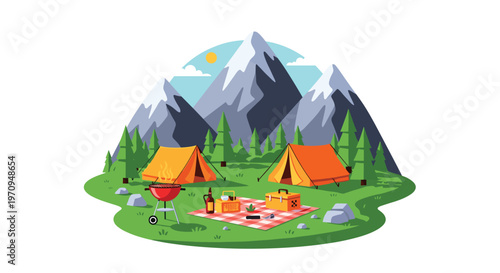 Picturesque camping site nestled in a valley with orange tents, a barbecue grill, and a picnic setup near majestic mountains.