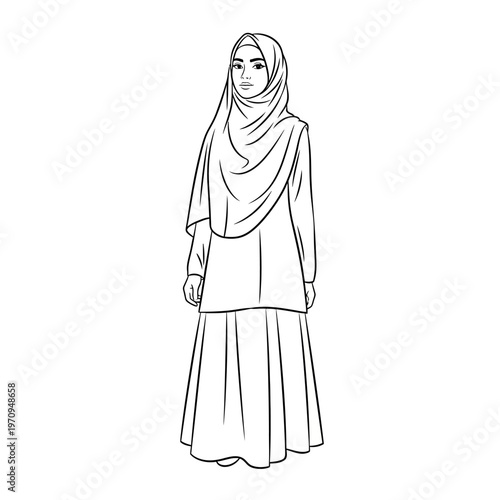 Woman wearing a hijab and dress.