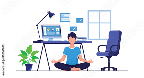 Young man practicing mindfulness meditation while sitting in a lotus position on the floor of a modern office workspace.