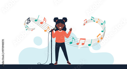 Talented young girl singing into a microphone on stage while surrounded by a swirl of colorful musical notes and symbols.