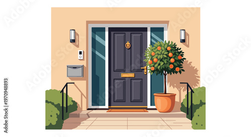 Elegant front entrance of a modern house featuring a dark door with gold accents and a small potted citrus orange tree.