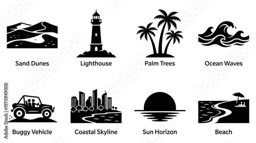 Natal Landmarks and Coastal Nature Silhouette Vector Icon Set – Vibrant Vectors Featuring Sand Dunes, Lighthouse, Palm Trees, Ocean Waves, Buggy Vehicle, and Beach Horizon in Minimalist Black Profiles